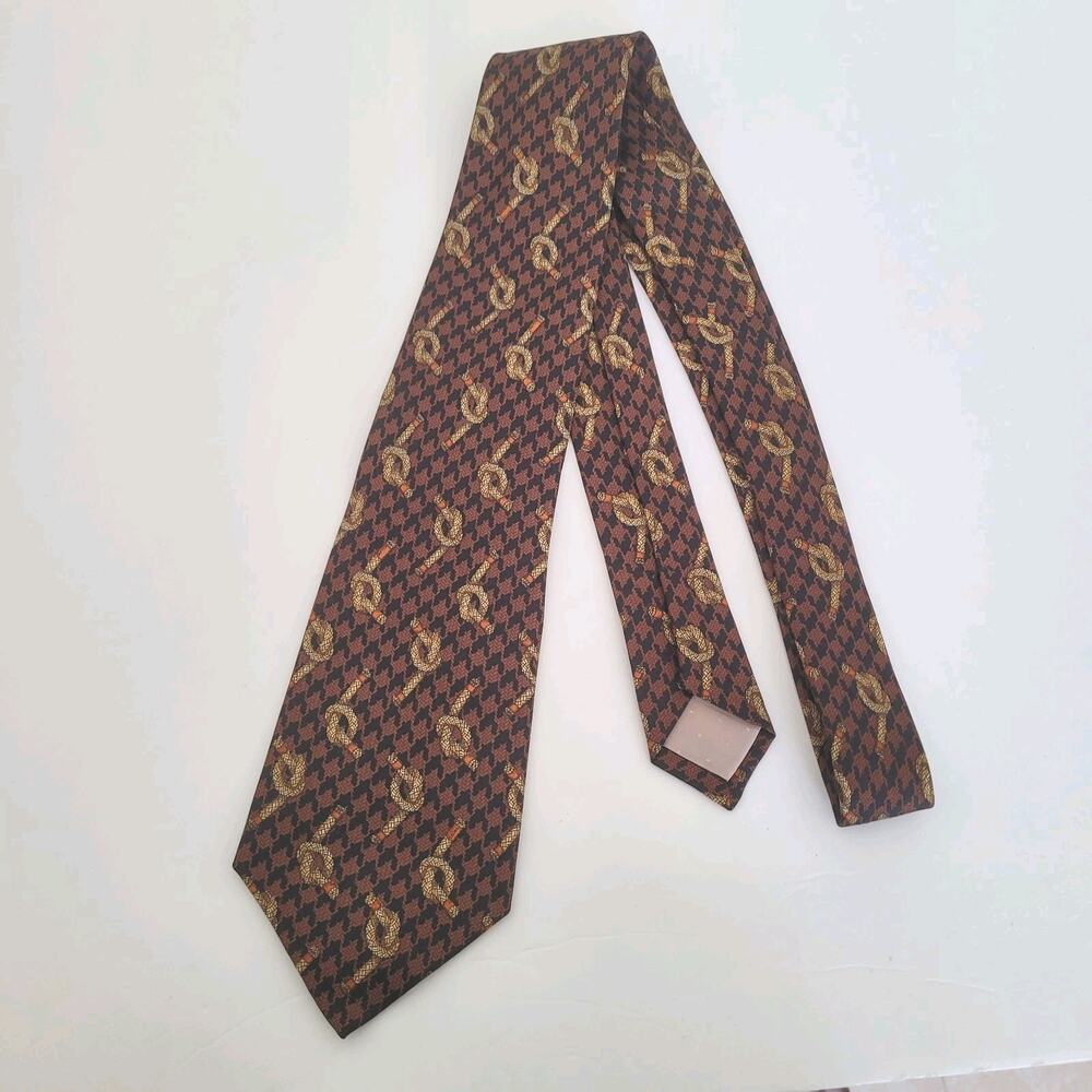 Celine Men's Neck Tie Made In Spain Designer Brown Black Geometric Ropes Silk